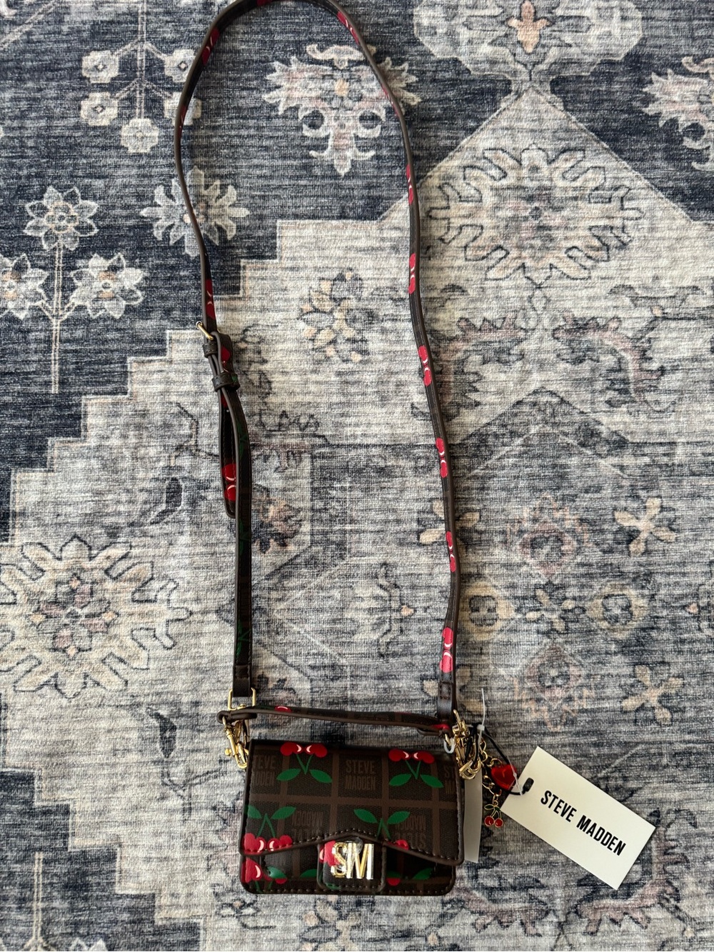 Steve Madden Brown Cherry Print Wristlet Crossbody